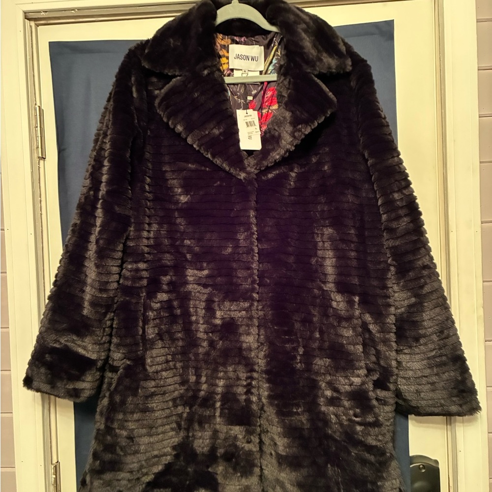 Jason Wu Women's Black Ribbed Teddy Mid-Length Coat - XL